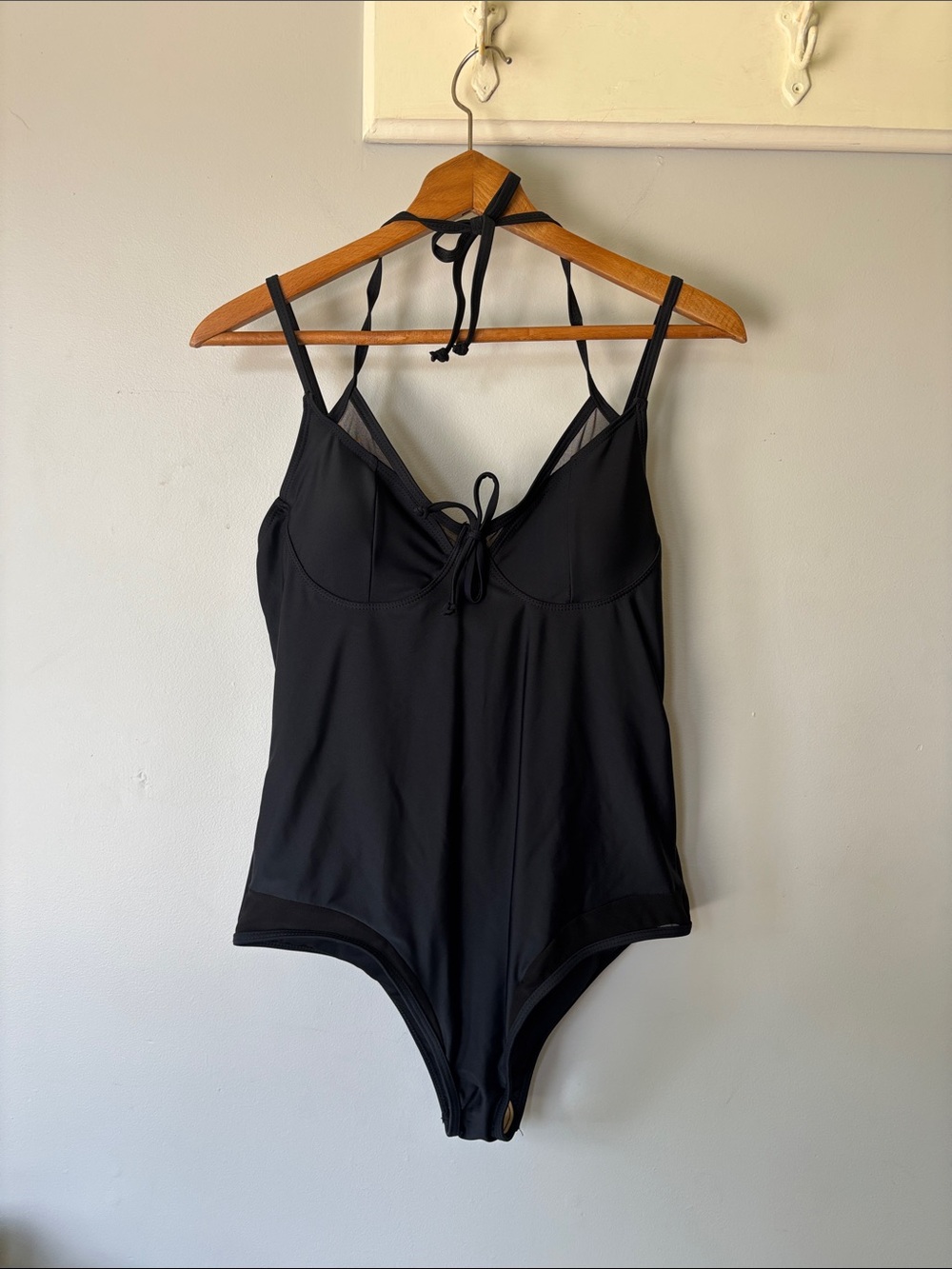 Beachsissi Black Halter One Piece Swimsuit Mesh Trim Bodysuit NWT XL
